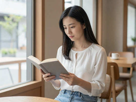 Japanese woman reading at a minimalist Tokyo cafe in casual white blouse