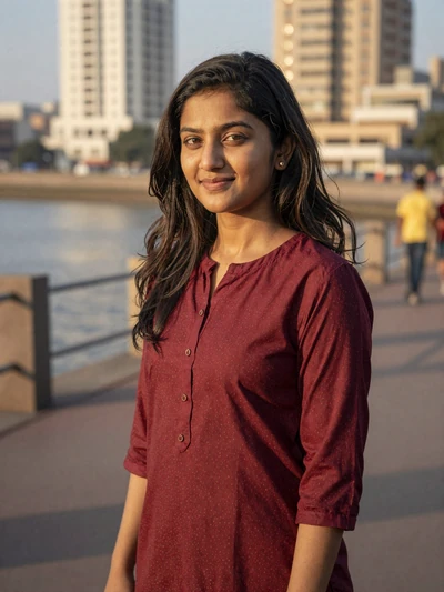 Anika, 25-year-old Indian woman from Mumbai on waterfront promenade open to international dating