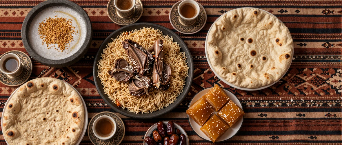 Traditional Yemeni feast spread featuring saltah, zurbian rice, flatbread, bint al-sahn honey cake, and Yemeni coffee