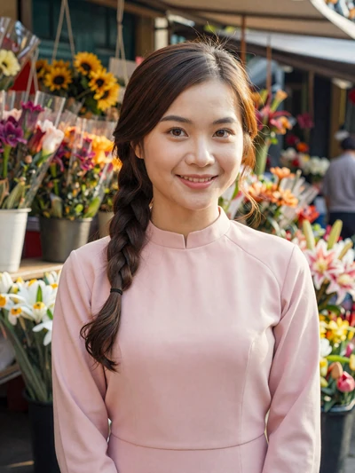 Ha, 28-year-old Vietnamese woman at a Hanoi flower market