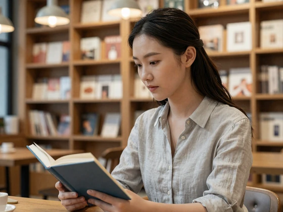Chinese woman reading at an upscale Shanghai bookstore cafe in casual linen shirt