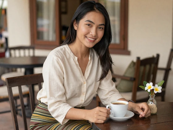 Laotian woman enjoying Lao coffee at an outdoor cafe wearing casual linen blouse and traditional sinh skirt
