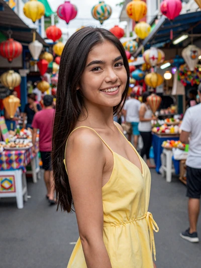 Angel, 24-year-old Filipina from Manila at a colorful street market looking for genuine love