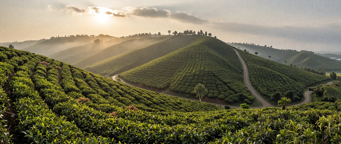 Lush green tea gardens of Sylhet Bangladesh with rolling hills at golden hour