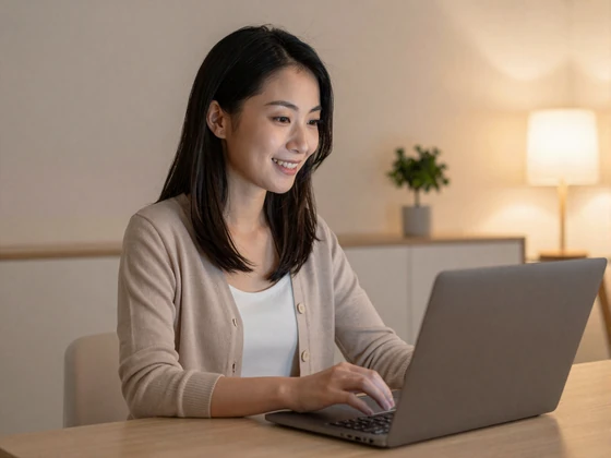 Japanese woman video chatting with her match from her modern Tokyo apartment