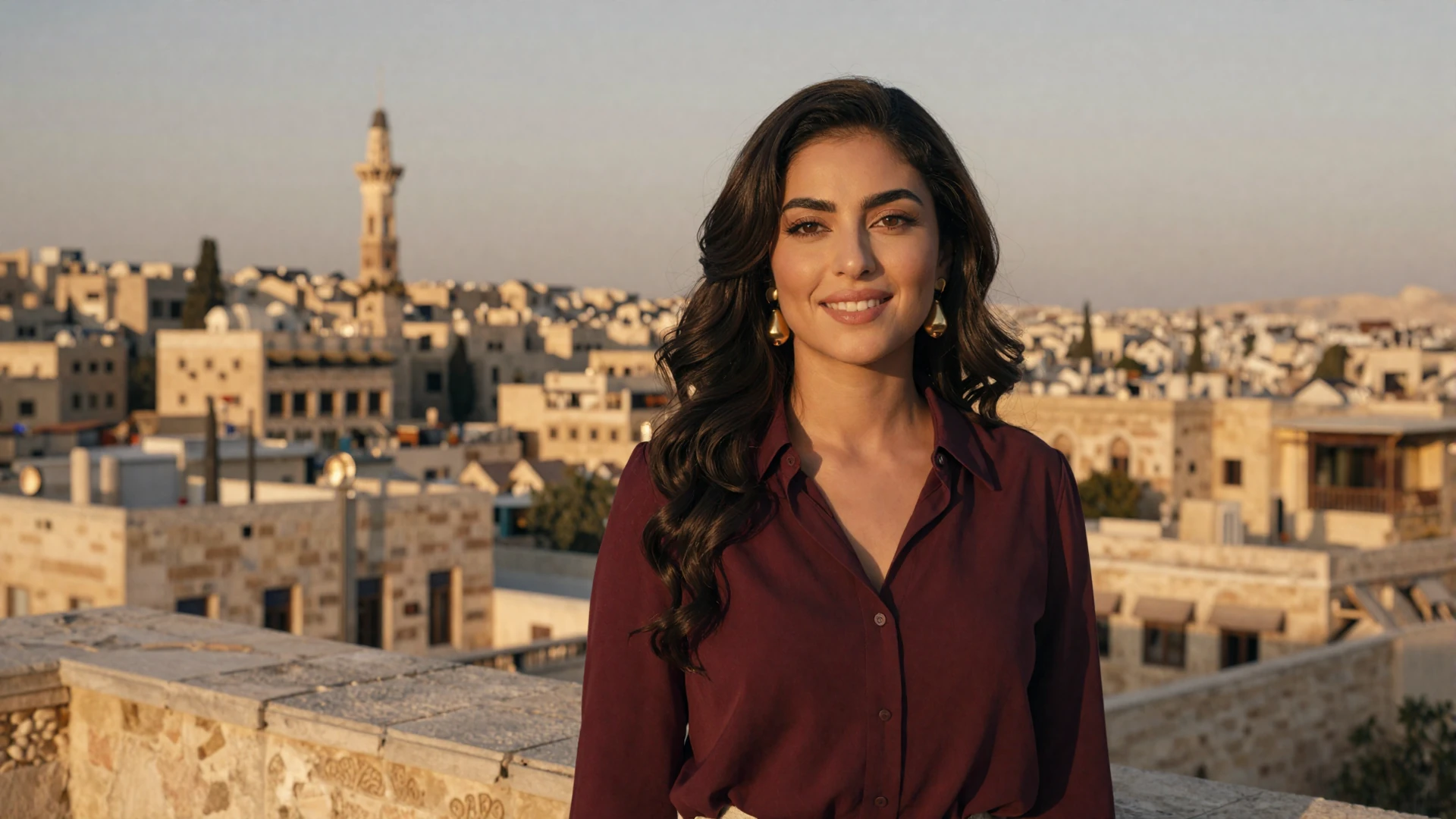 Elegant Jordanian woman on a rooftop terrace overlooking Amman at golden hour wearing a burgundy blouse