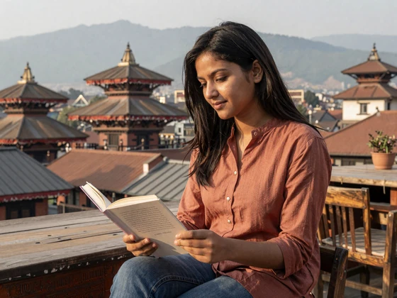 Nepali woman reading at a Kathmandu rooftop cafe with Himalayan pagoda views