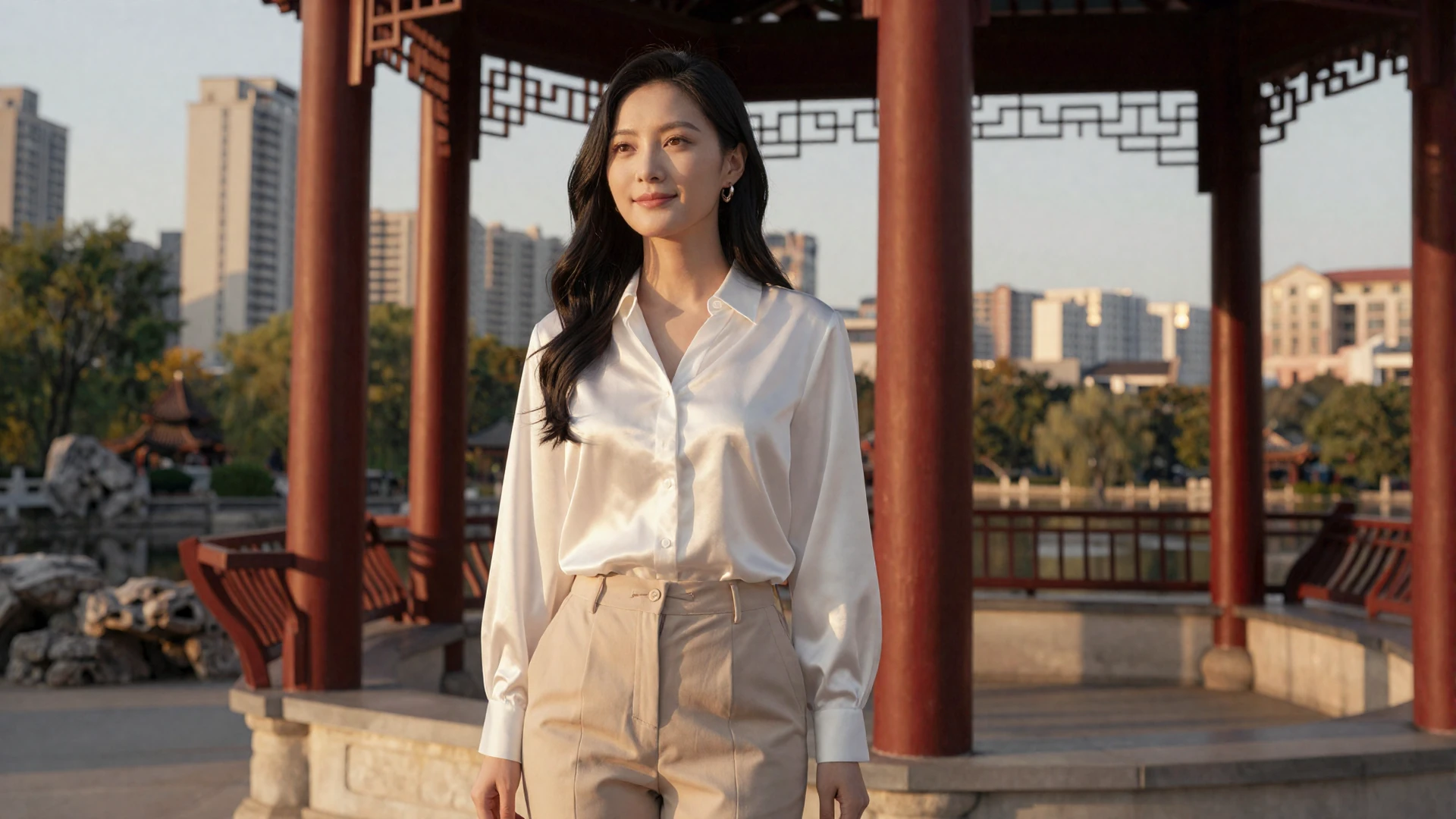 Elegant Chinese woman standing near a traditional garden pavilion at golden hour seeking love online