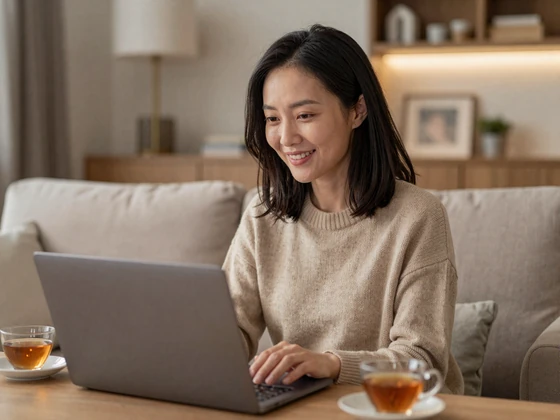 Chinese woman video chatting from a cozy modern apartment with tea on the table
