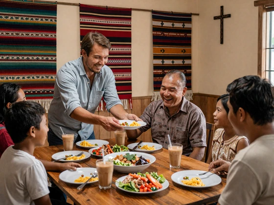 Western man sharing a traditional meal with a Timorese family in a home decorated with tais textiles and a Catholic cross