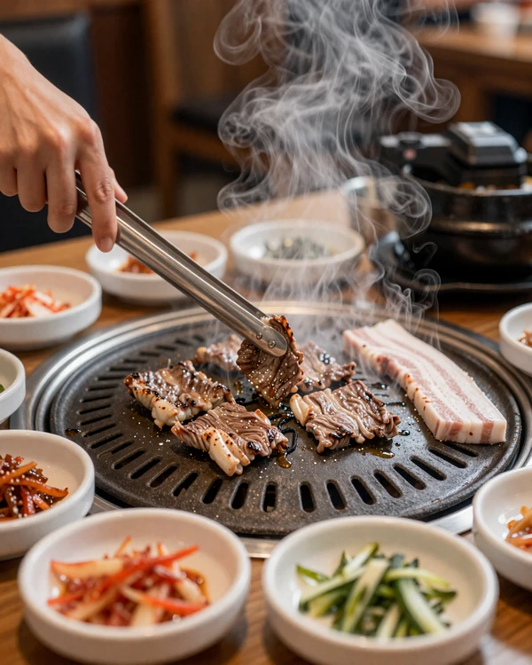 Sizzling Korean BBQ grill with bulgogi and colorful banchan side dishes at a romantic restaurant table