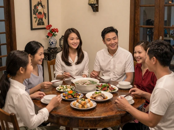 Vietnamese family welcoming a Western man for a traditional dinner gathering in their home