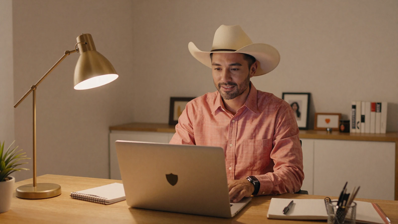 Man safely video calling an Asian woman online through a verified dating platform in a warm home office