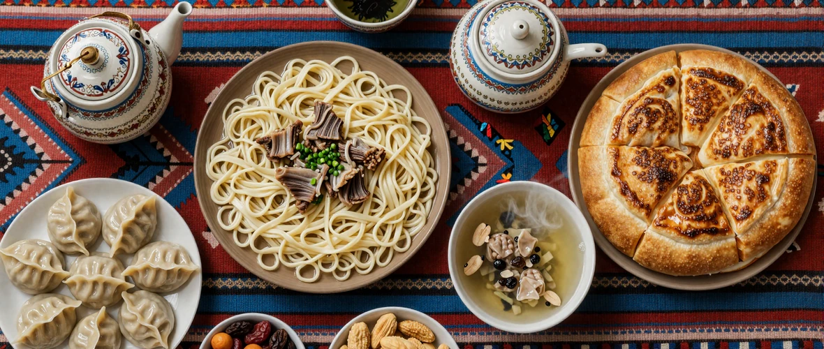 Traditional Kyrgyz feast spread with beshbarmak, boorsok, lagman, manty, and green tea on a colorful shyrdak carpet