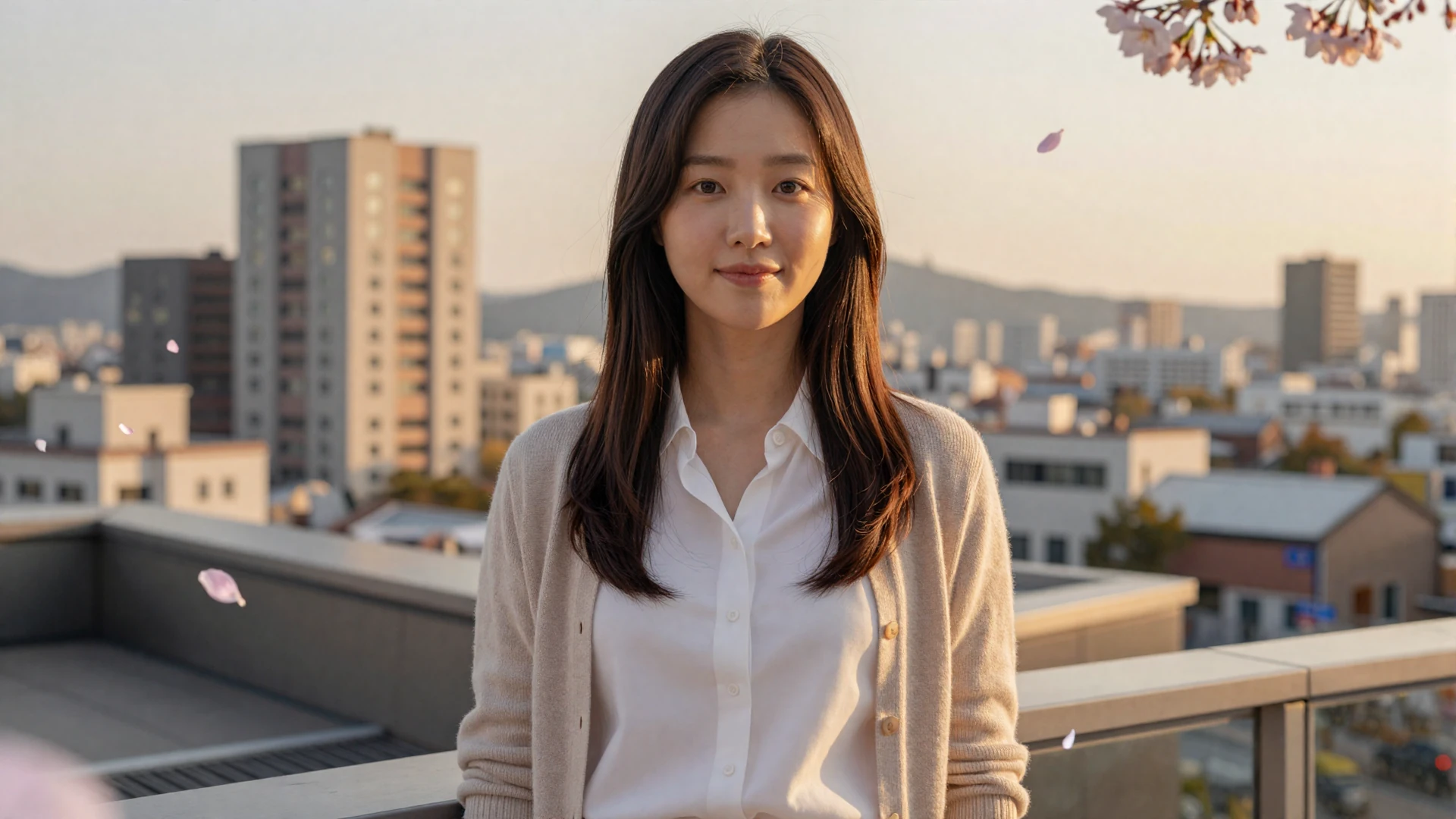 Beautiful Korean woman on a Seoul rooftop at golden hour seeking meaningful relationship online