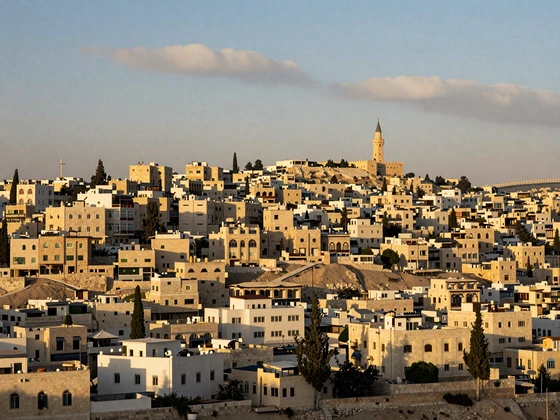 Panoramic view of Amman Jordan at golden hour showing white limestone buildings and the ancient Citadel