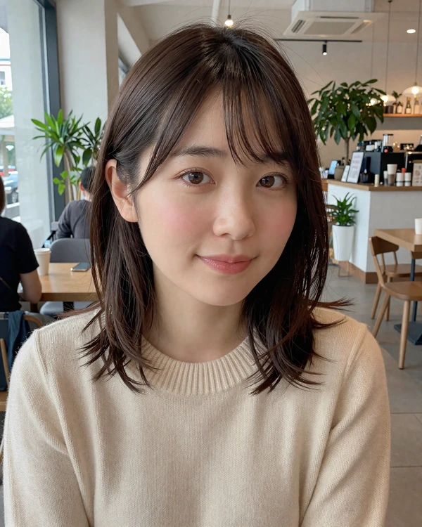 Young Japanese woman smiling warmly in a modern cafe setting representing quality dating profiles