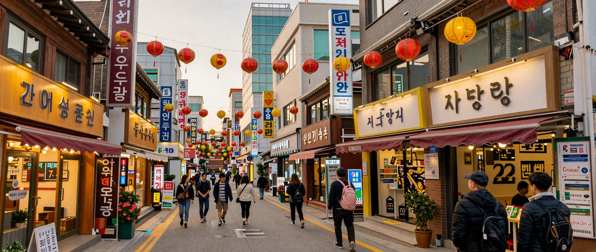 Vibrant Korean neighborhood street with traditional architecture and Hangul signs at golden hour
