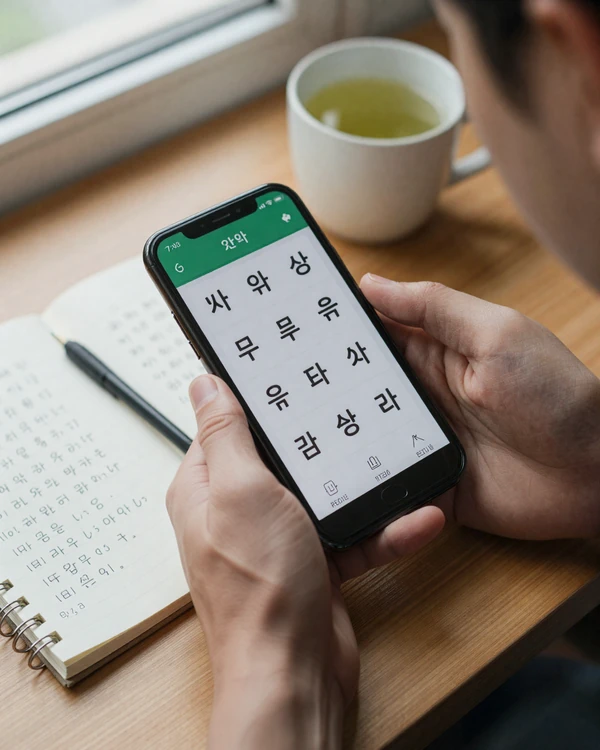 Man studying Asian language phrases on a smartphone app with handwritten Korean and Japanese characters in a notebook beside green tea