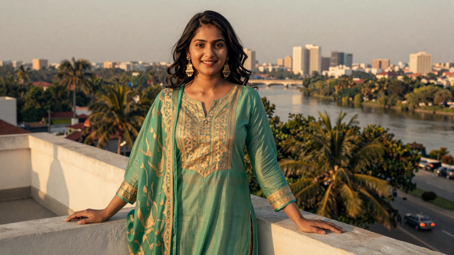Beautiful Bangladeshi woman on a Dhaka rooftop at golden hour seeking love online