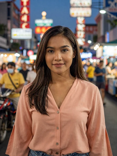 Nongkhai, 26-year-old Thai woman from Bangkok at a street food market seeking genuine connection