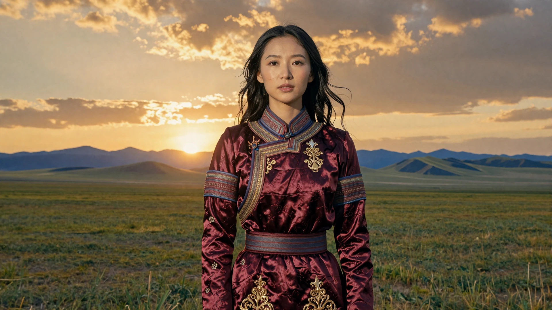 Beautiful Mongolian woman in an elegant silk deel standing on the vast Mongolian steppe with mountains at golden hour