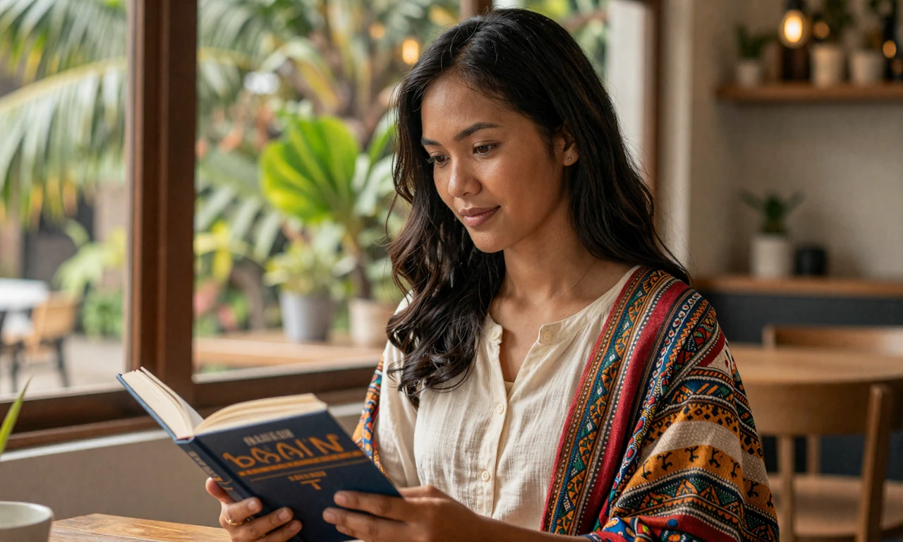 Timorese woman reading at a sunlit cafe with tropical greenery wearing traditional tais shawl