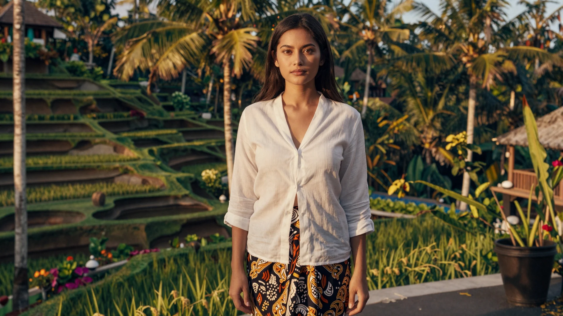 Beautiful Indonesian woman standing on a tropical Bali terrace overlooking rice terraces at golden hour