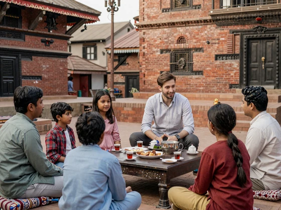 Western man respectfully visiting a Nepali family in a traditional Kathmandu courtyard home