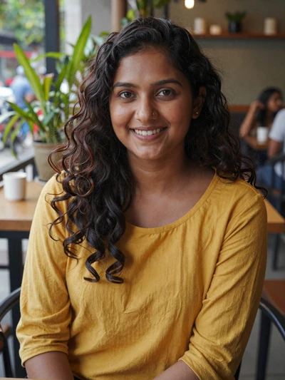 Priti, 27-year-old Indian woman from Bangalore at outdoor cafe seeking cross-cultural relationship