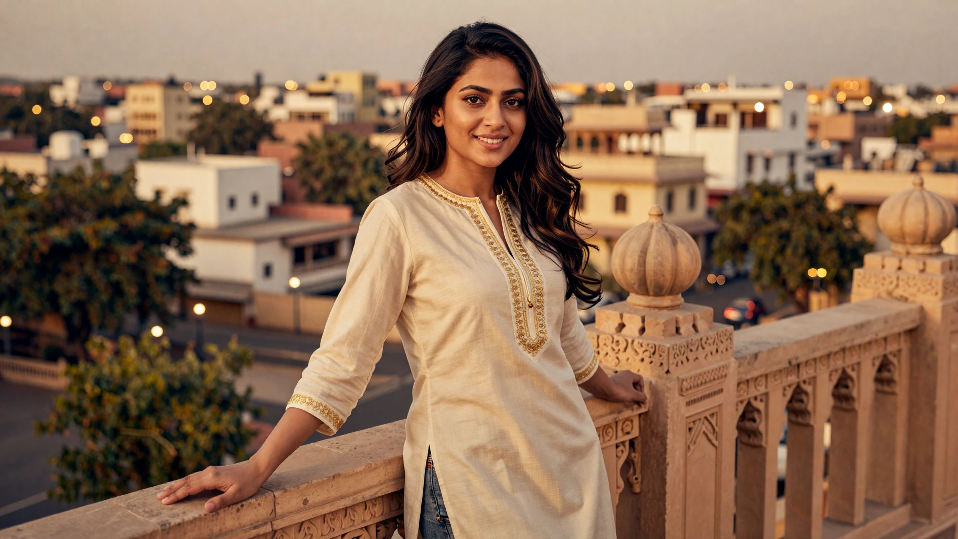 Beautiful Indian woman in elegant cream kurti on a terrace overlooking a vibrant city at golden hour