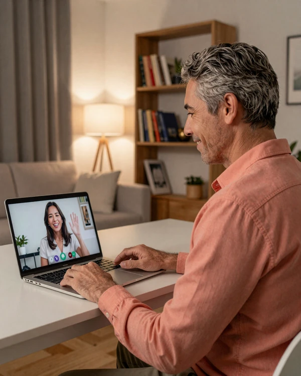 Western man verifying Asian woman identity through video call on a dating platform