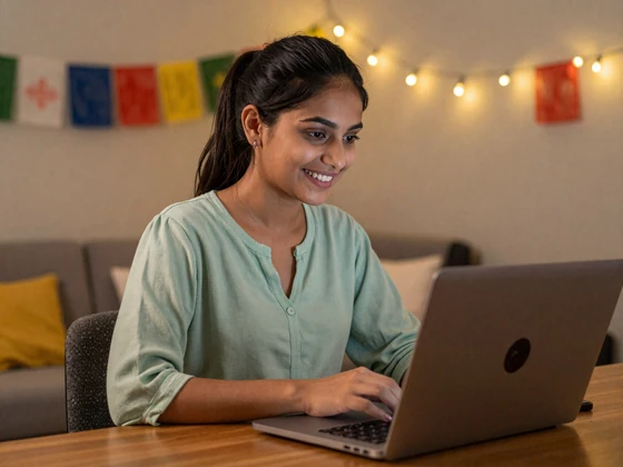 Nepali woman video chatting with her online match from a cozy Kathmandu apartment
