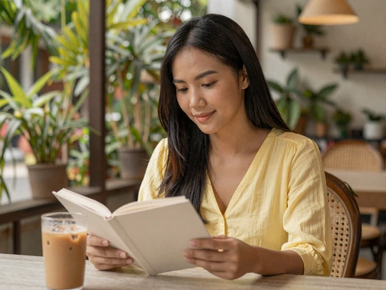 Cambodian woman enjoying a book at a tropical outdoor cafe in Phnom Penh with iced coffee