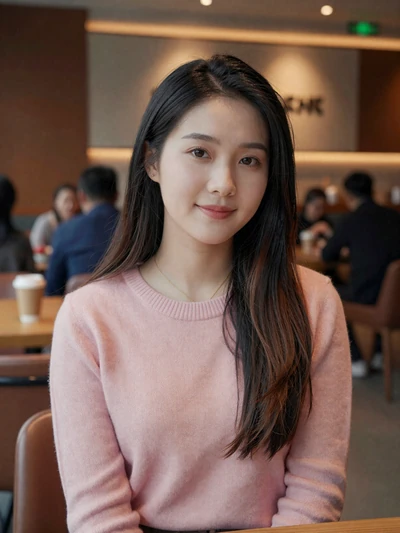 Mei Lin, 27, from Shanghai - Chinese woman in pink sweater at a modern cafe seeking relationship