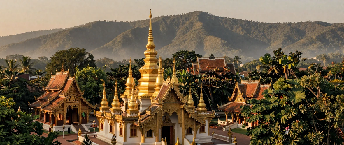 Golden Buddhist temple in Chiang Mai Thailand surrounded by mountains at golden hour