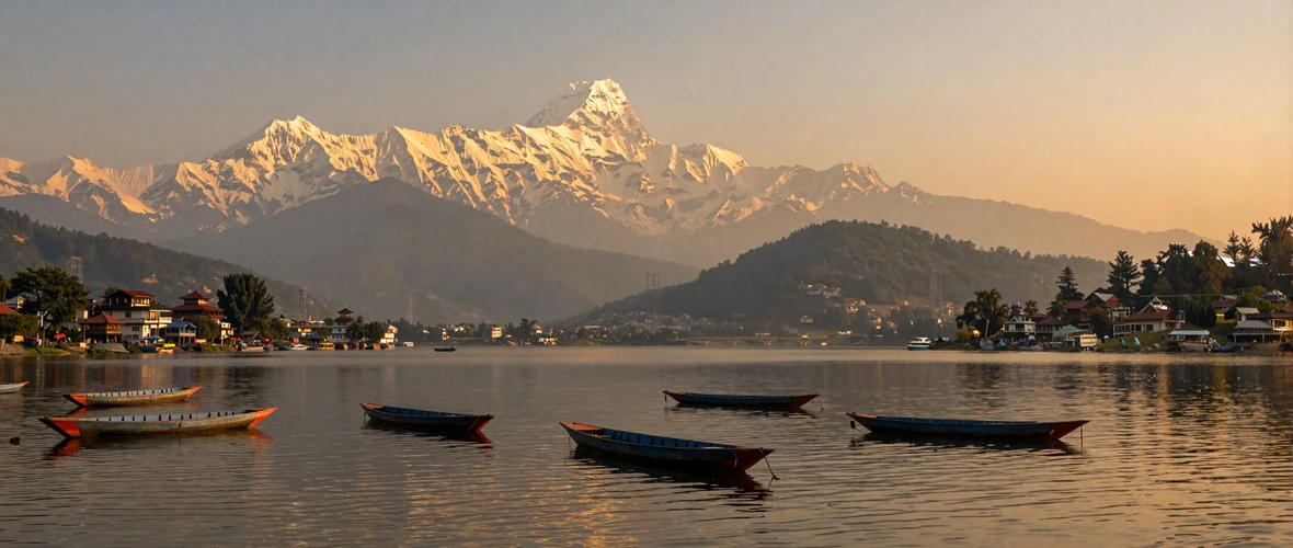 Phewa Lake in Pokhara Nepal at golden hour with colorful boats and Annapurna mountain reflections