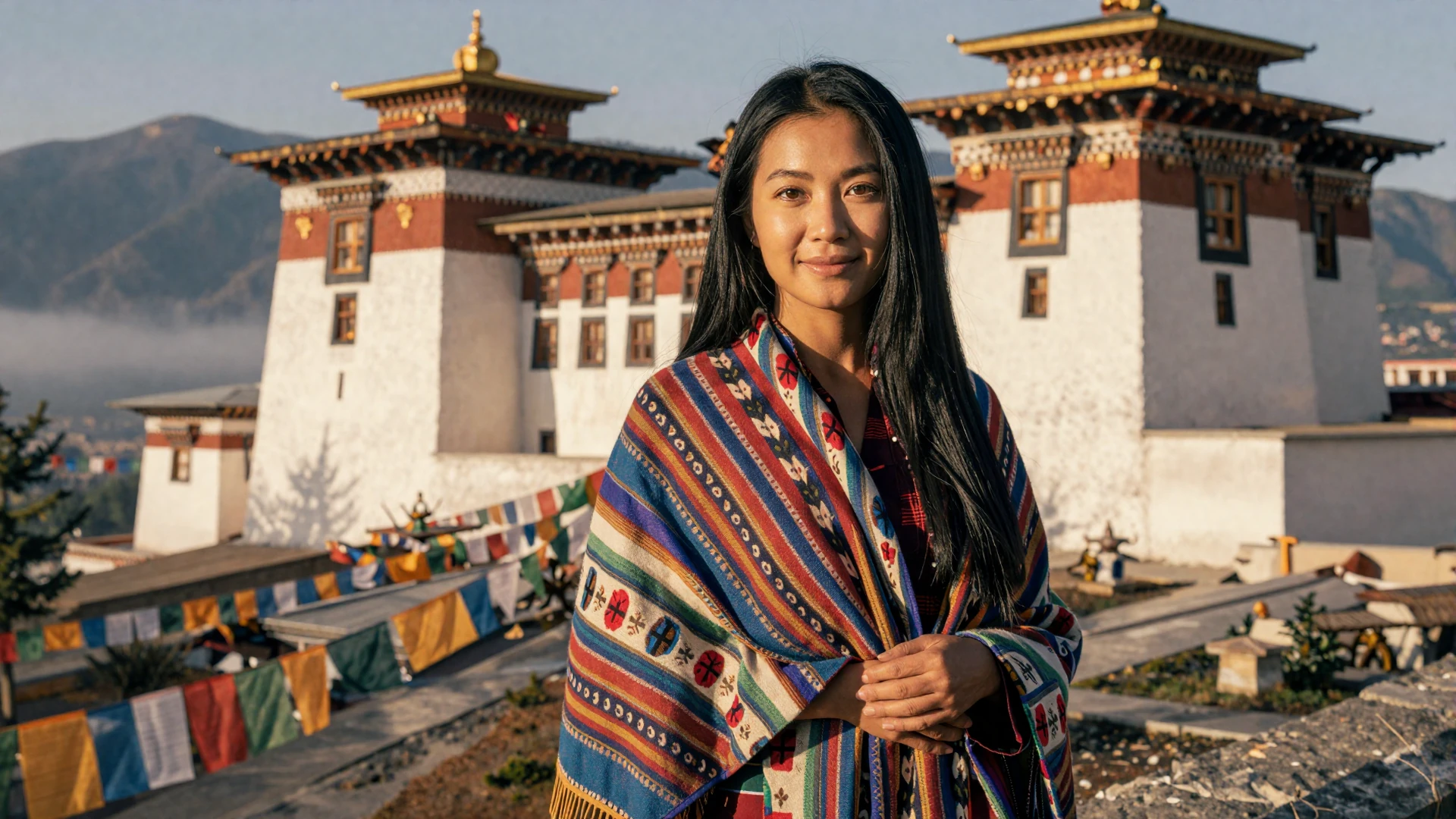 Beautiful Bhutanese woman near a Himalayan dzong monastery at golden hour seeking meaningful relationship