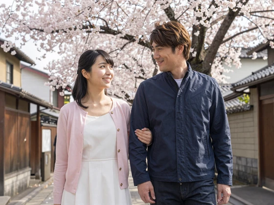 Western man and Japanese woman walking together under cherry blossoms in Kyoto