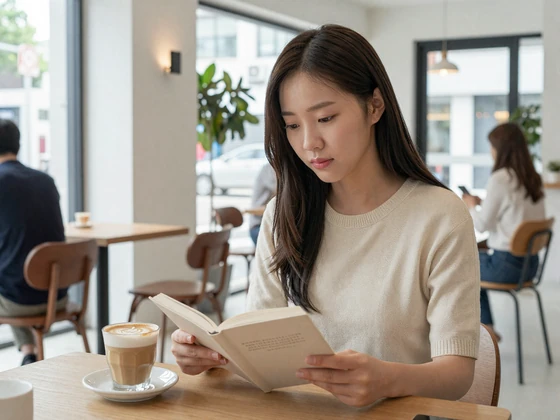 Korean woman enjoying a latte at a modern Seoul cafe in casual knit outfit