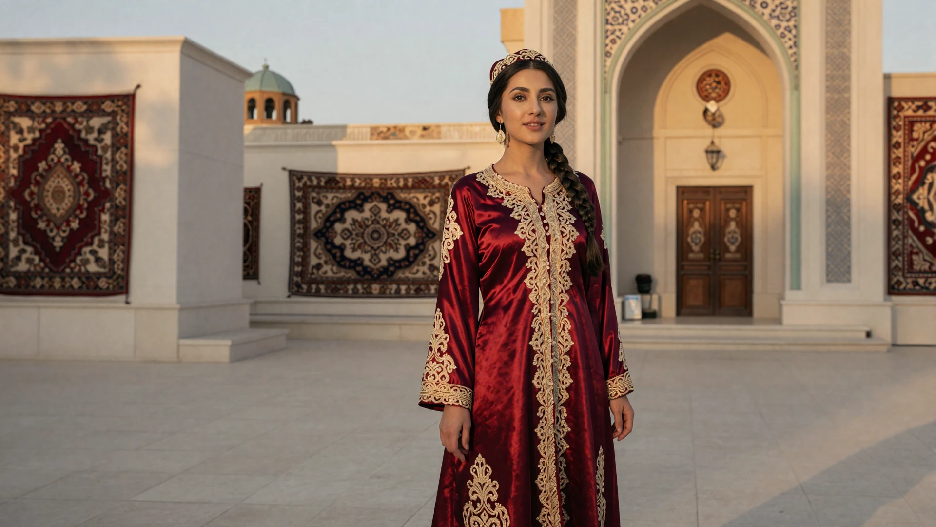 Beautiful Turkmen woman in elegant traditional red dress with gold embroidery standing before the white marble architecture of Ashgabat at golden hour