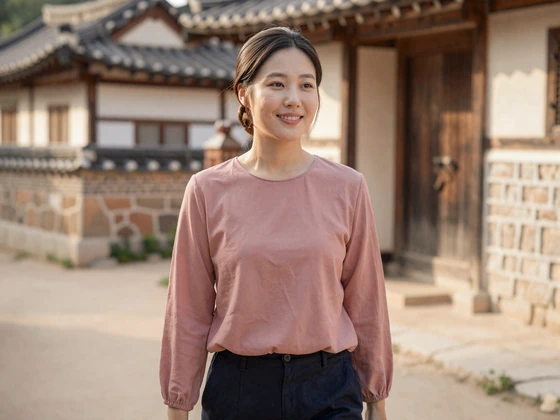 Korean woman strolling through traditional hanok village in warm afternoon sunlight
