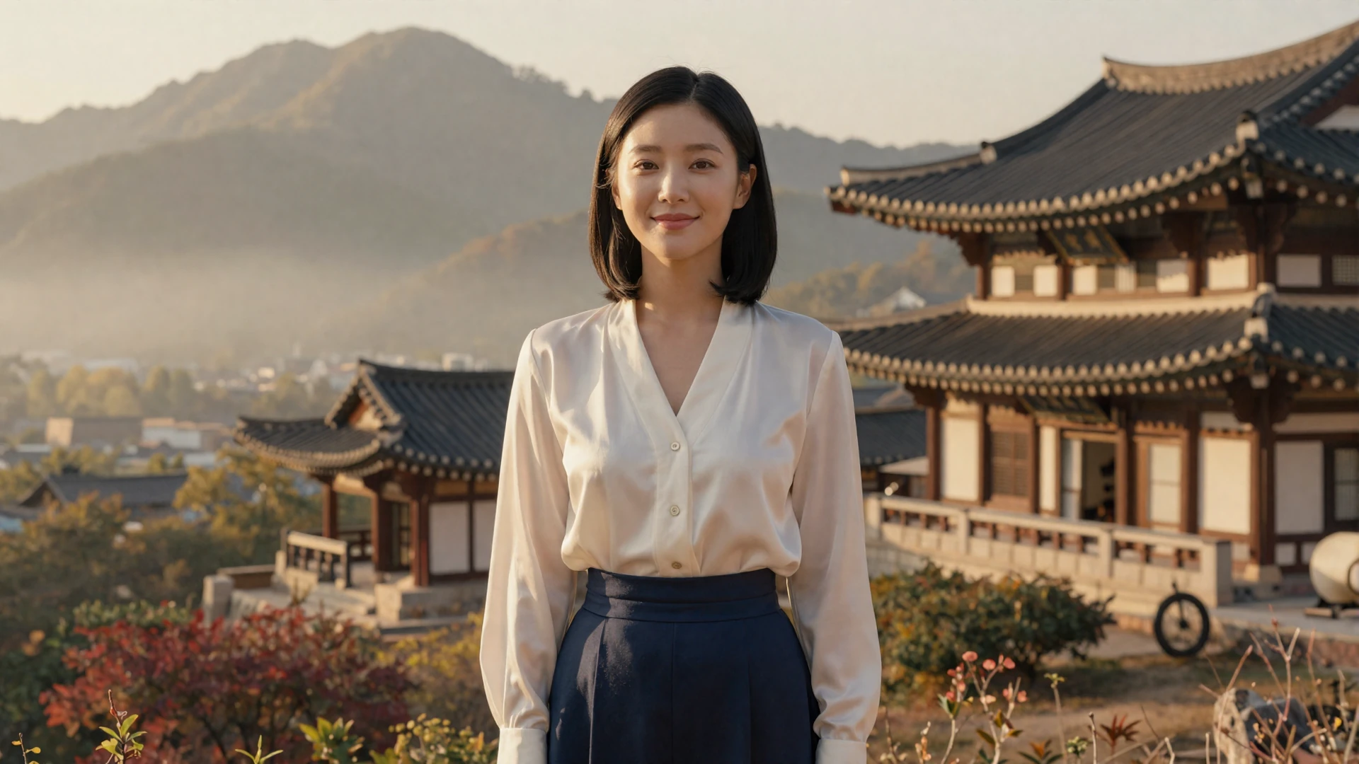 Beautiful North Korean woman in elegant ivory blouse standing by misty mountains and traditional Korean architecture at golden hour