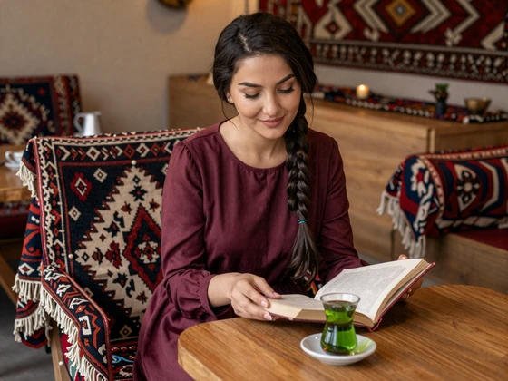 Turkmen woman enjoying green tea and a book at a cozy cafe with a traditional Turkmen carpet visible in the background