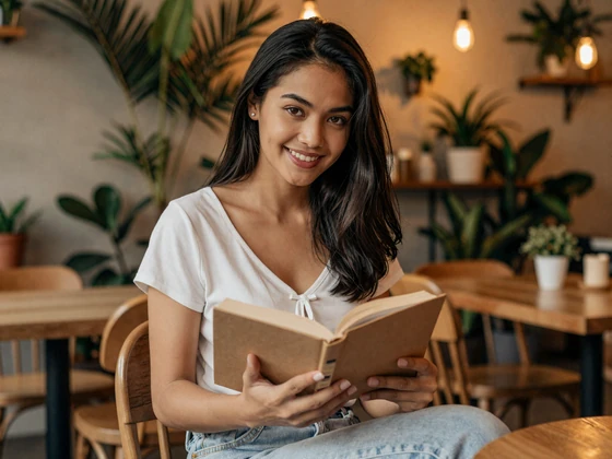 Filipina woman enjoying a relaxed afternoon at a Manila cafe in casual everyday clothing