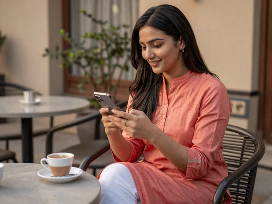 Pakistani woman browsing dating profile at a Lahore cafe in casual attire