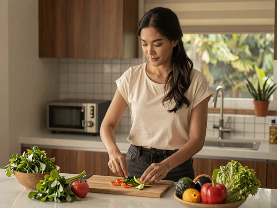 Thai woman preparing traditional Thai cuisine in a modern kitchen with fresh herbs