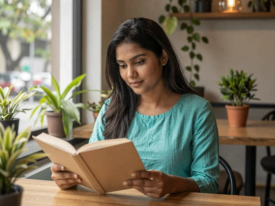 Bangladeshi woman reading at a Dhaka cafe in casual turquoise attire
