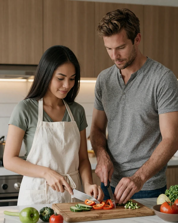Couple cooking Asian food together in a warm modern kitchen with fresh colorful ingredients