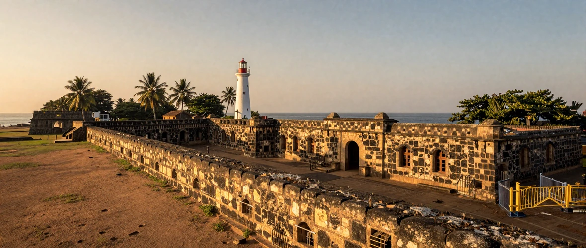Panoramic view of historic Galle Fort in Sri Lanka at golden hour with Indian Ocean coastline